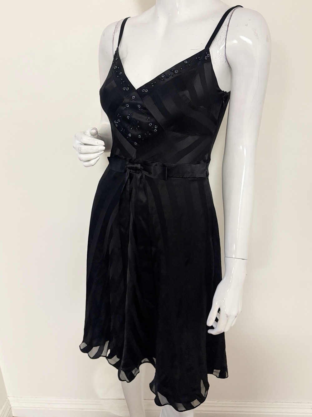 Vintage 90s Betsey Johnson New York Black Striped Beaded Fit & Flare Midi Dress - Picture 3 of 6